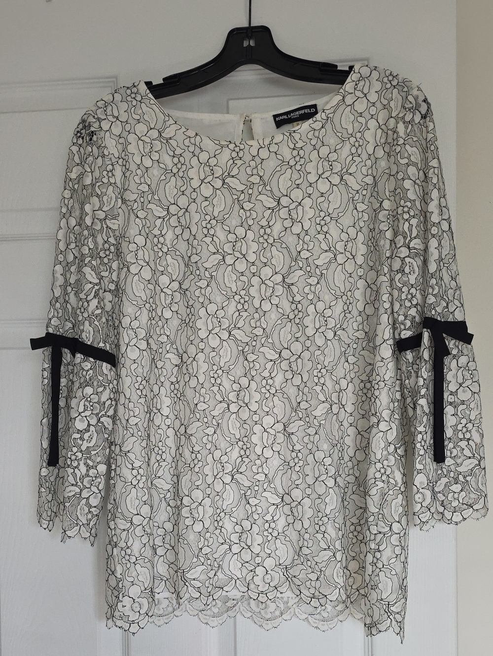 Karl Lagerfeld White Lace Blouse with Black Ribbon Sleeves